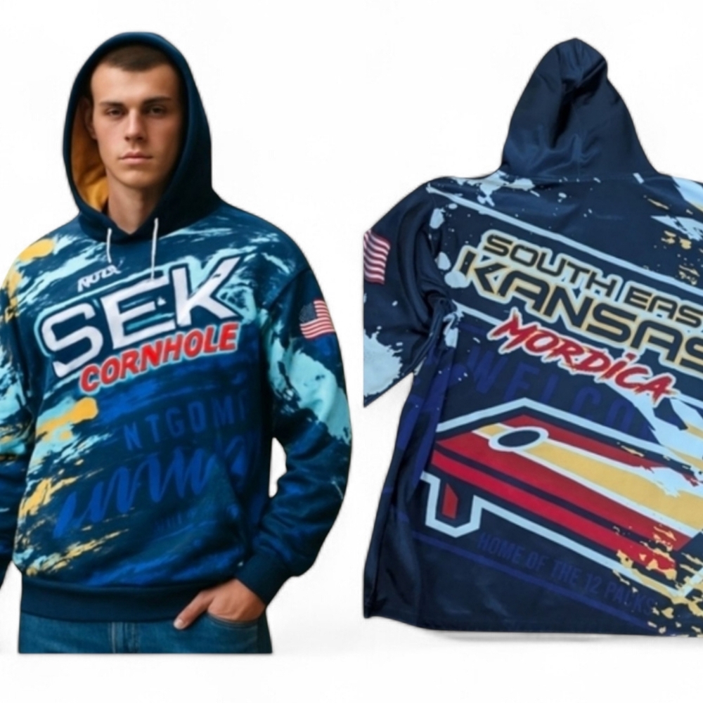 Berserk Colorful blue Kansas Cornhole Rare Graphic Hoodie Sz xL